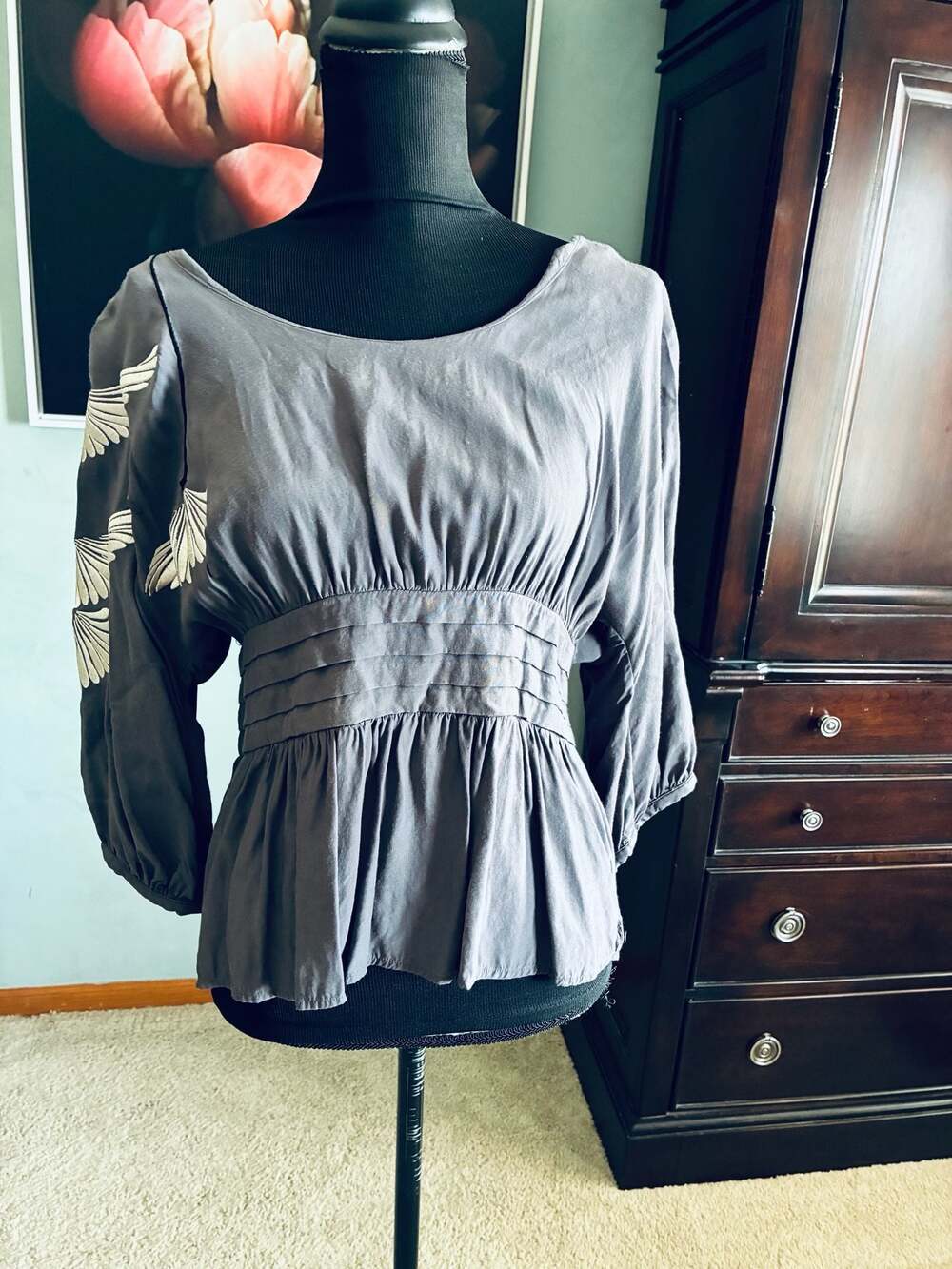 Floreat Size 10 Gray Embroidered Peplum Blouse A503